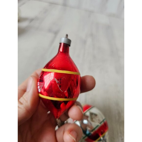 Antique diamond indent teardrop red striped green mercury glass ornament Xmas se - Picture 6 of 14